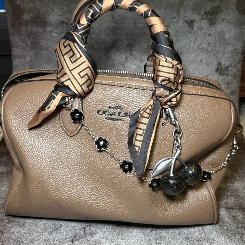 Coach Tan Rowan Large  Leather Satchel with Black Floral Chain